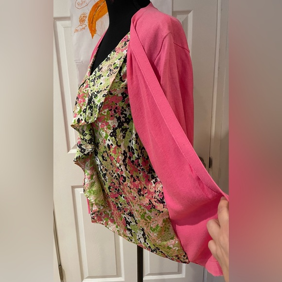 Think Spring ! August Silk Cardigan Attached Shell Floral Pink Green Size L - Picture 7 of 14